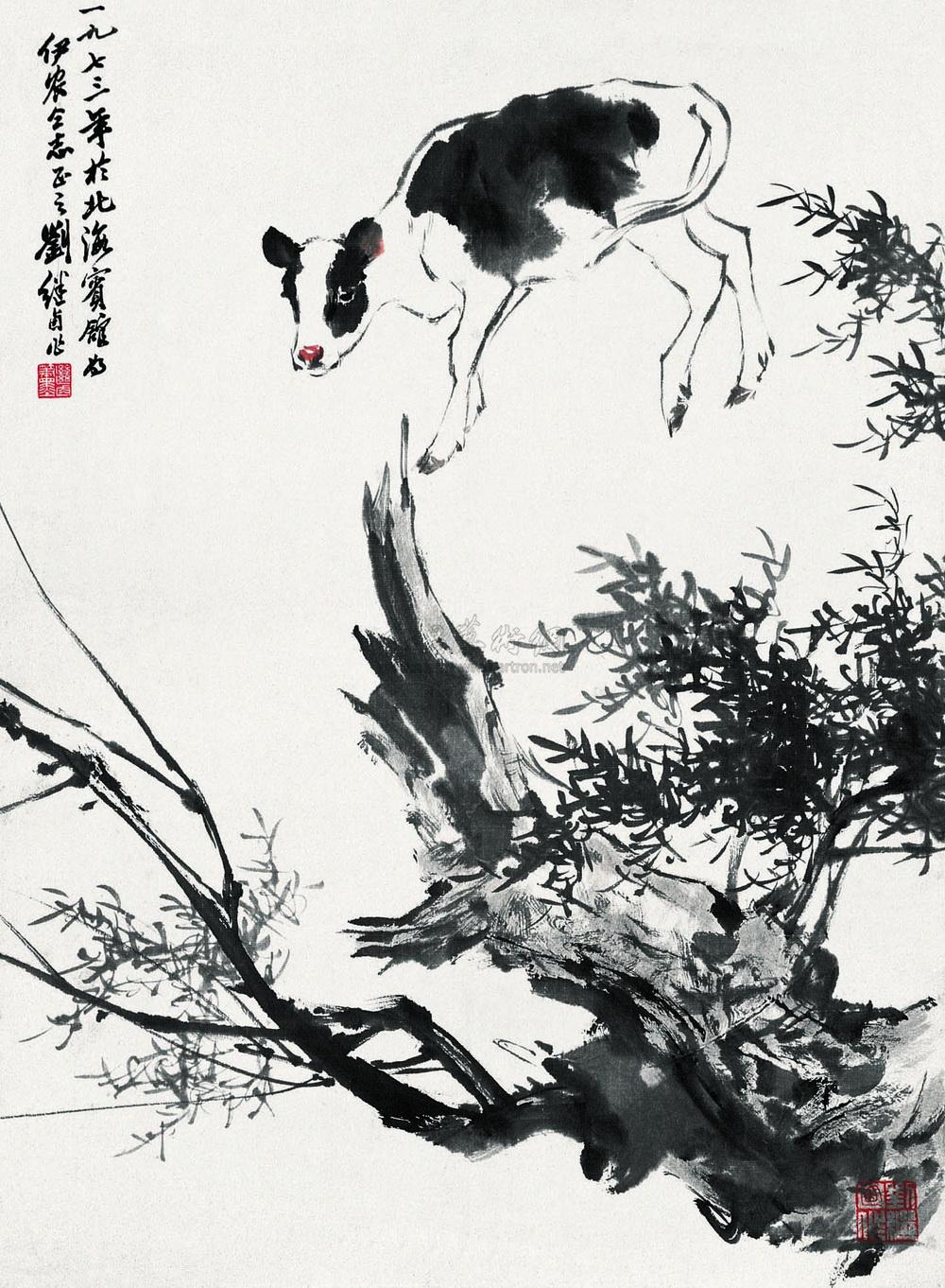 0181 1973年作 柳树小牛 立轴 设色纸本