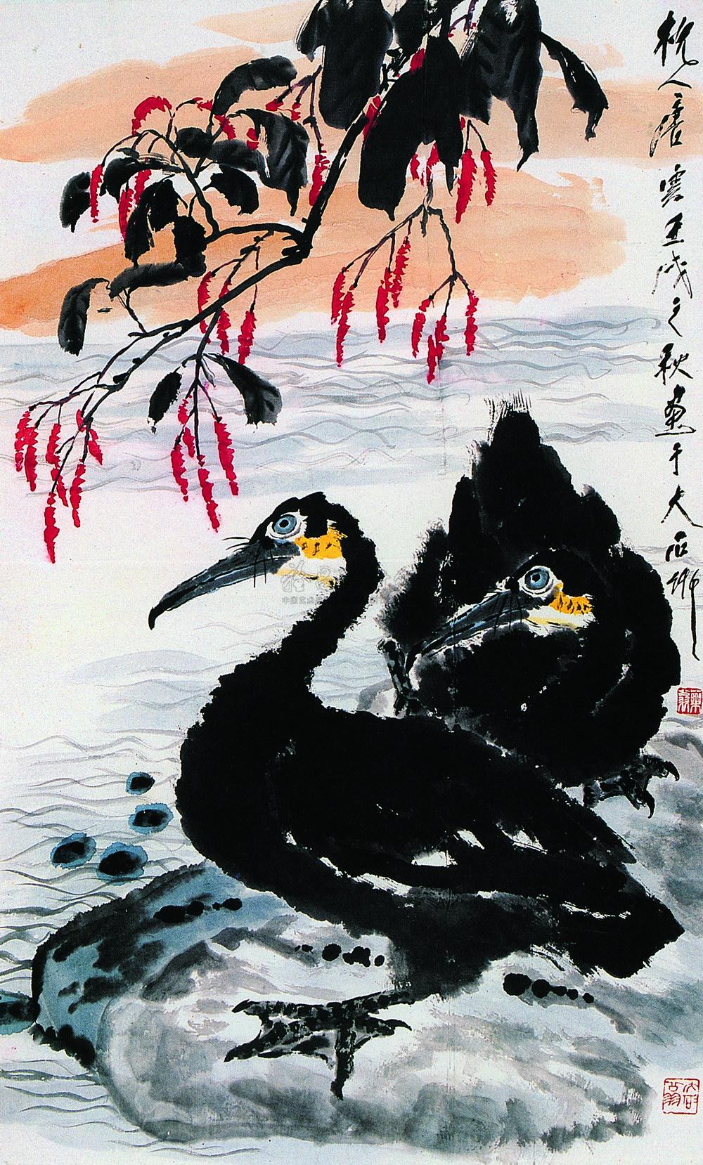 0107 壬戌(1982)年作 鱼鹰蓼花图 立轴 纸本设色