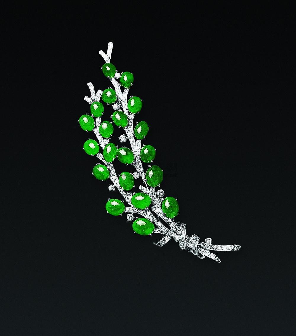 1513 18k白金钻石镶翡翠胸针