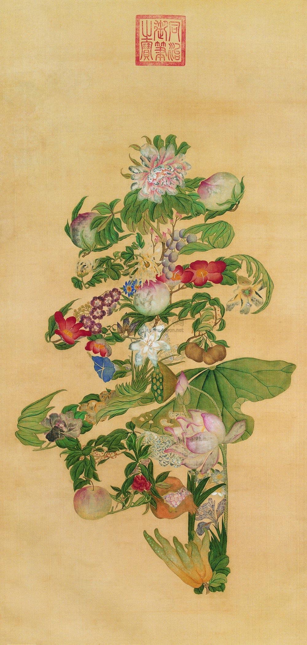 0624 百花寿字 立轴 设色绢本