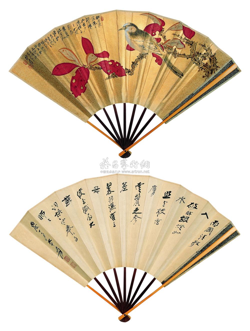 596 1946年作 红叶白头 扇面 设色金笺