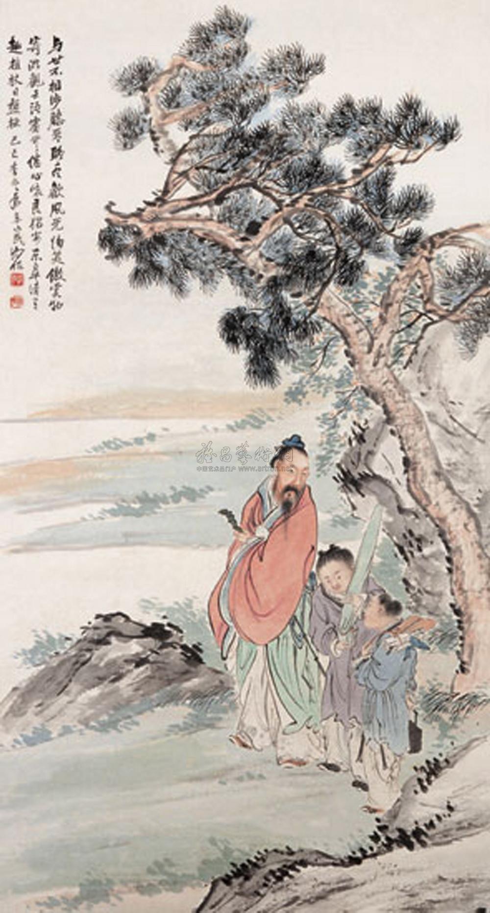 0119 己巳(1929年)作 携琴访友 立轴 设色纸本
