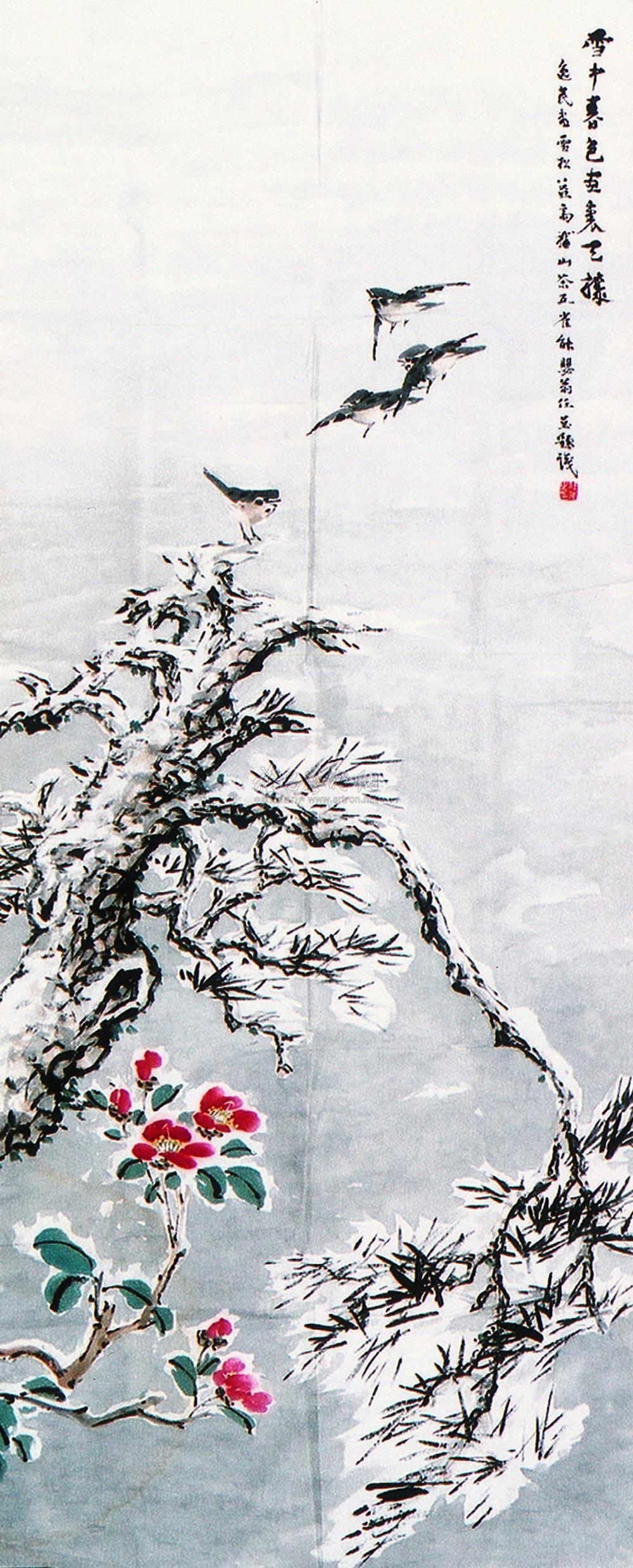 0912 雪景花鸟 镜心 纸本