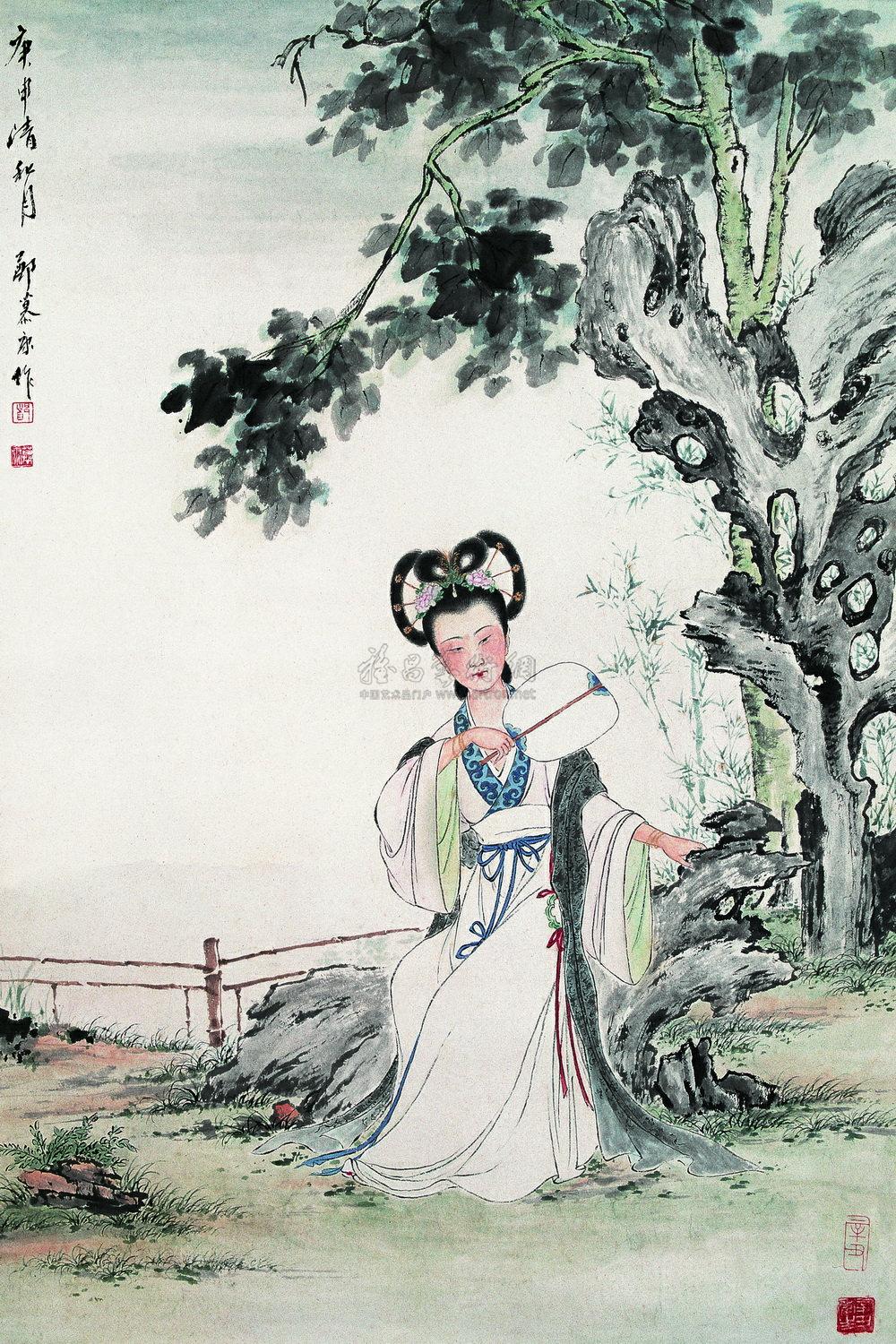 0849 1980年作 桐荫仕女 立轴 设色纸本
