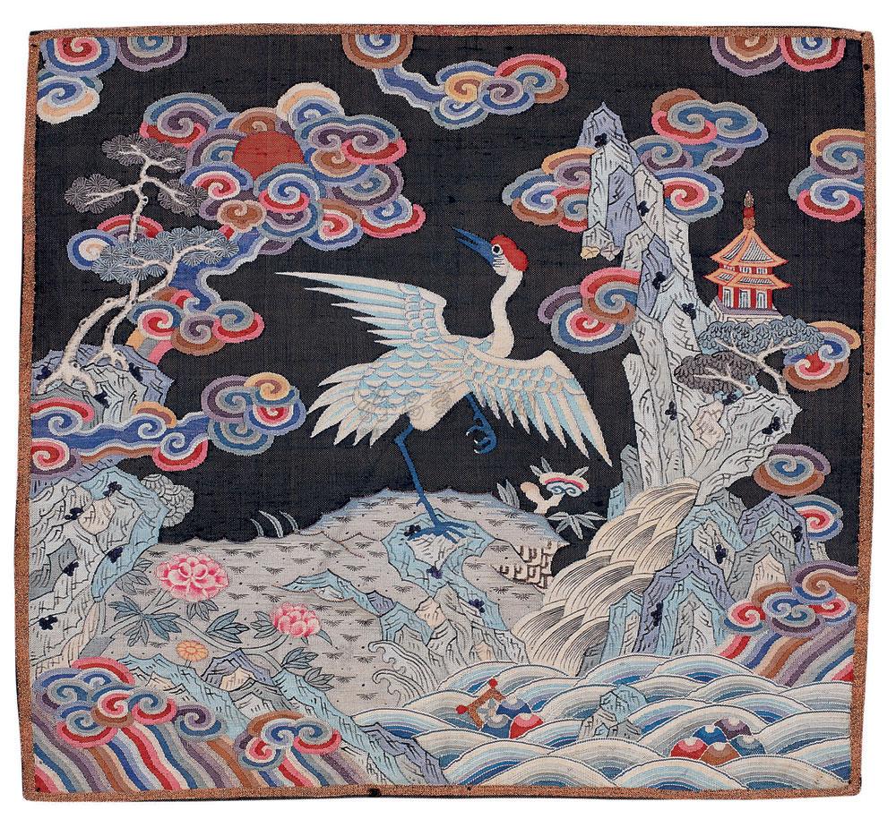 1878 清早期 藏蓝地缂丝仙鹤一品补子