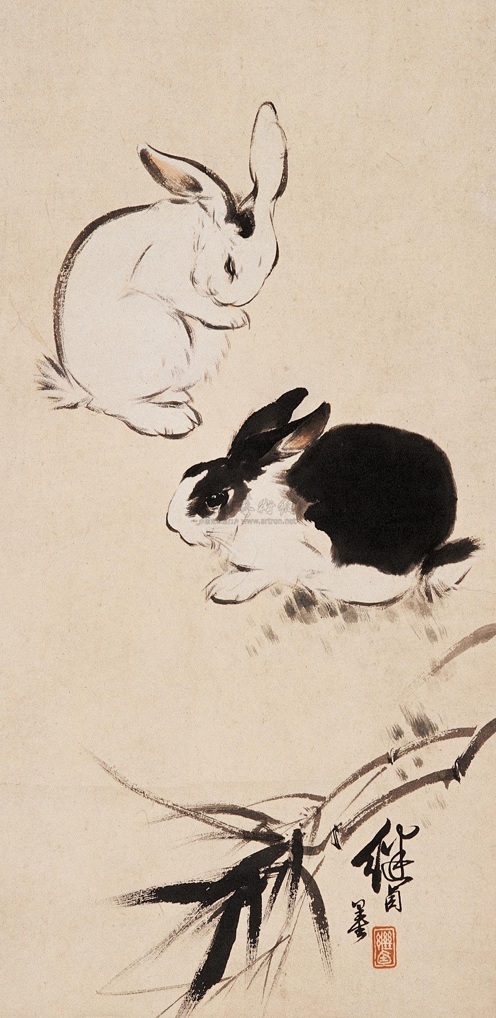 0481 双兔 立轴 设色纸本