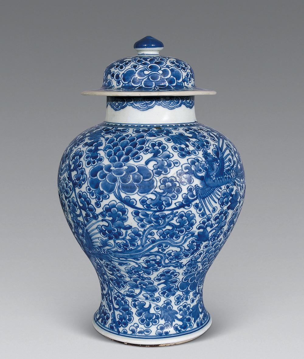 2161 清康熙 青花凤穿花将军罐