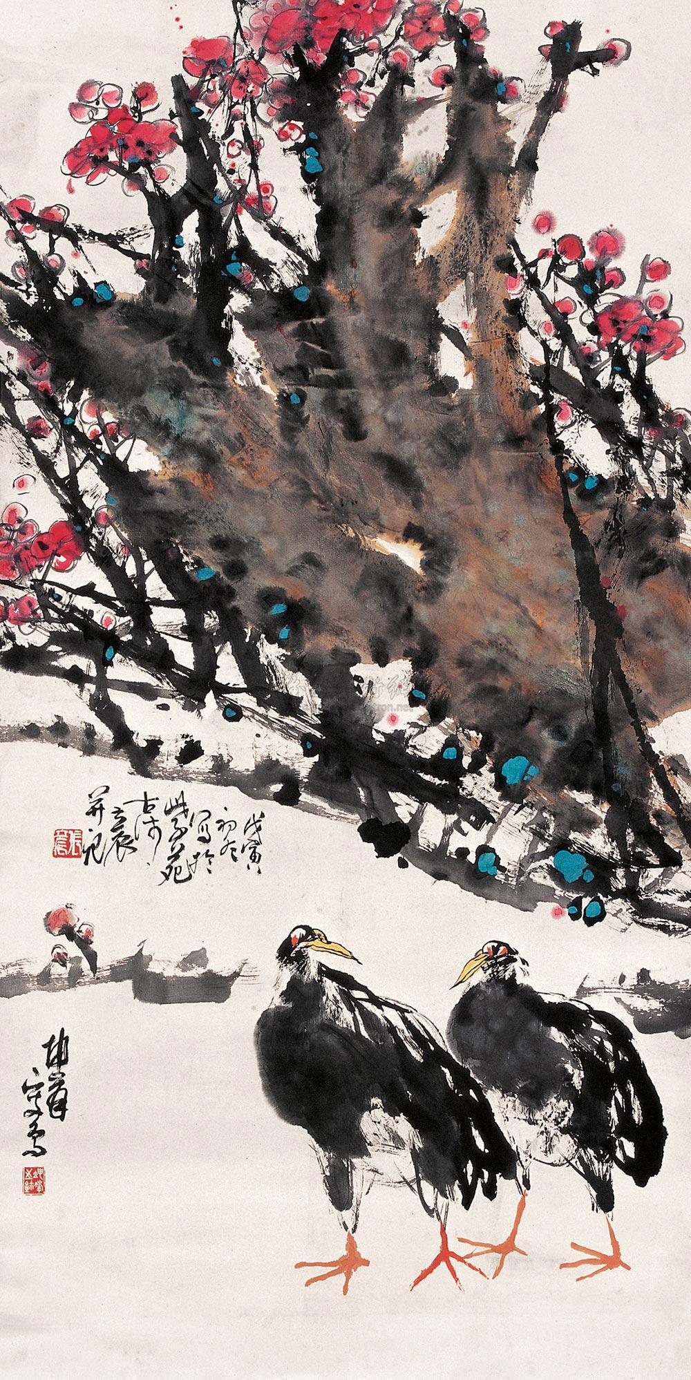 1123 戊寅(1998年)作 花鸟 立轴 设色纸本