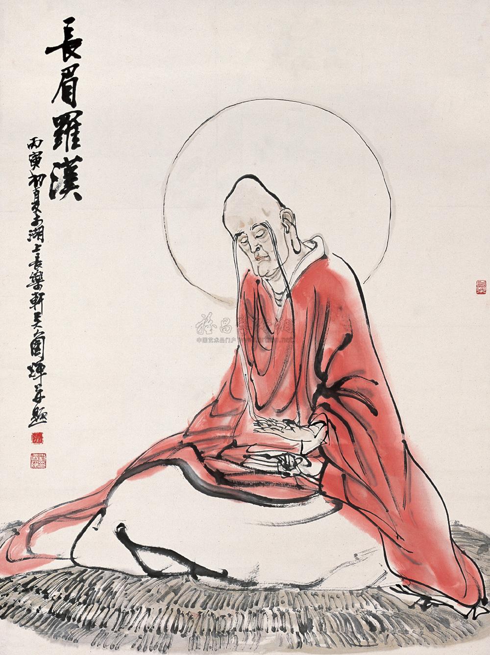 0089 1986(丙寅)年作 长眉罗汉 立轴 设色纸本