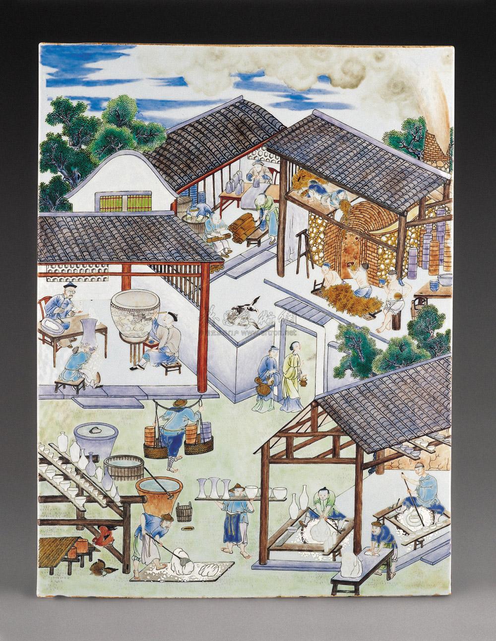 0227 清 粉彩"制陶图"瓷板