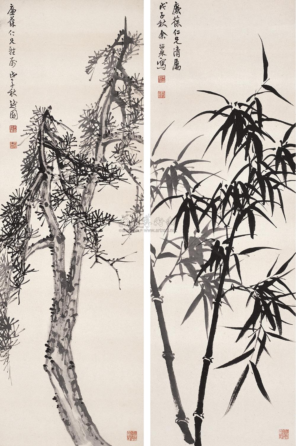 1304 1948年作 松竹图 (两件) 立轴 纸本