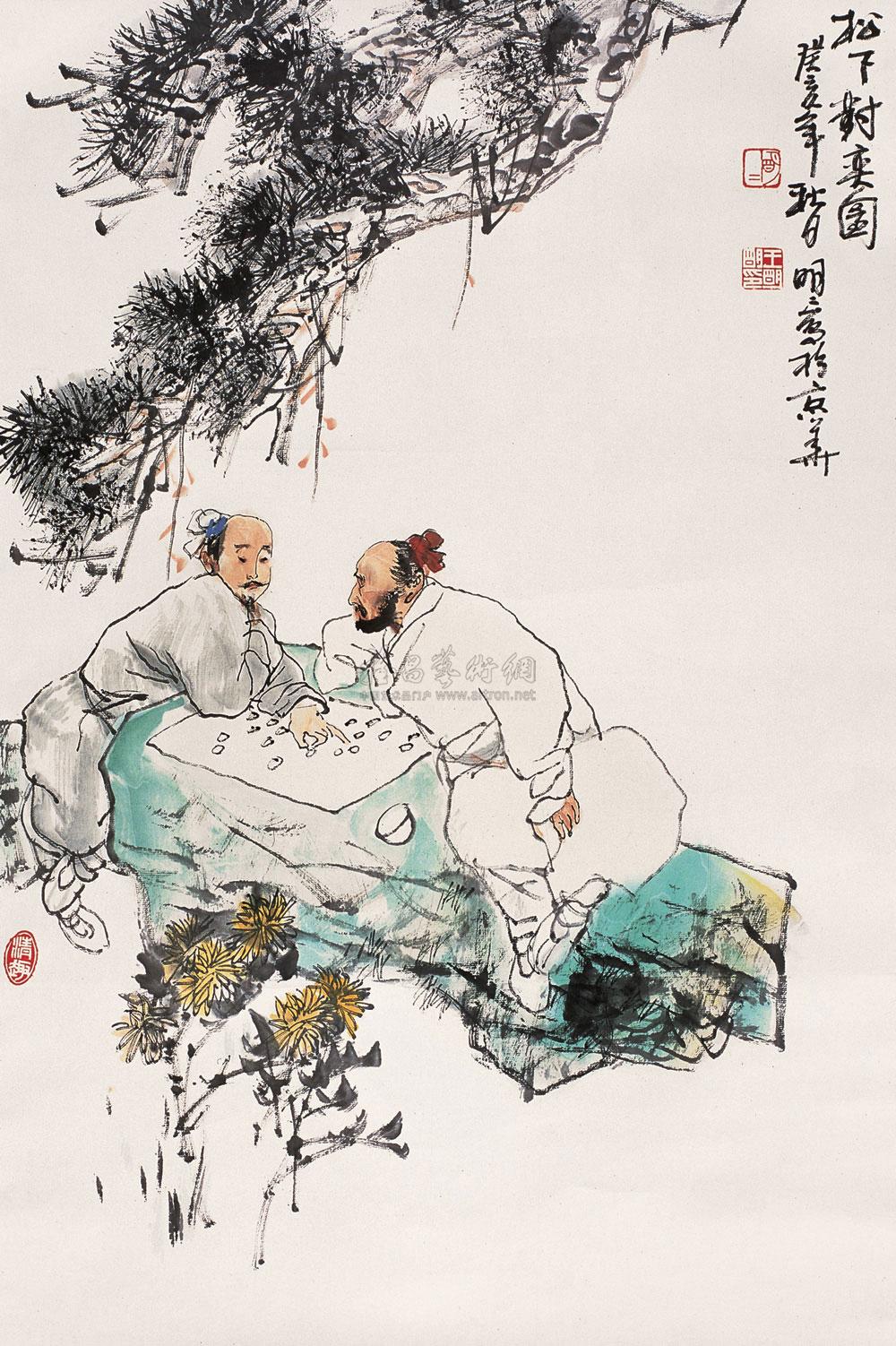 0176 松下对奕图 立轴 设色纸本