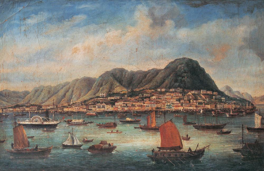 1051 十九世纪 早期外销画 香港维多利亚港 布上油彩