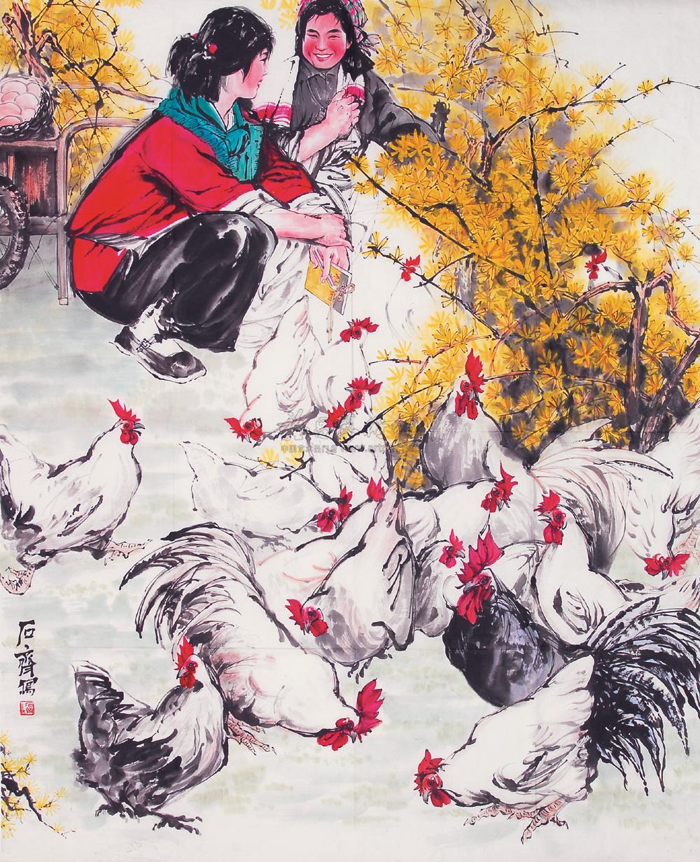 1178 喂鸡图 镜心 设色纸本