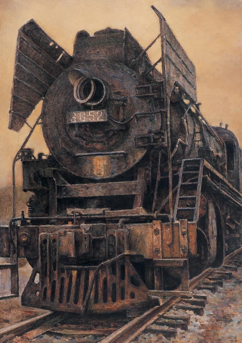 0458 一个时代的纪念-蒸汽机车 布面油画