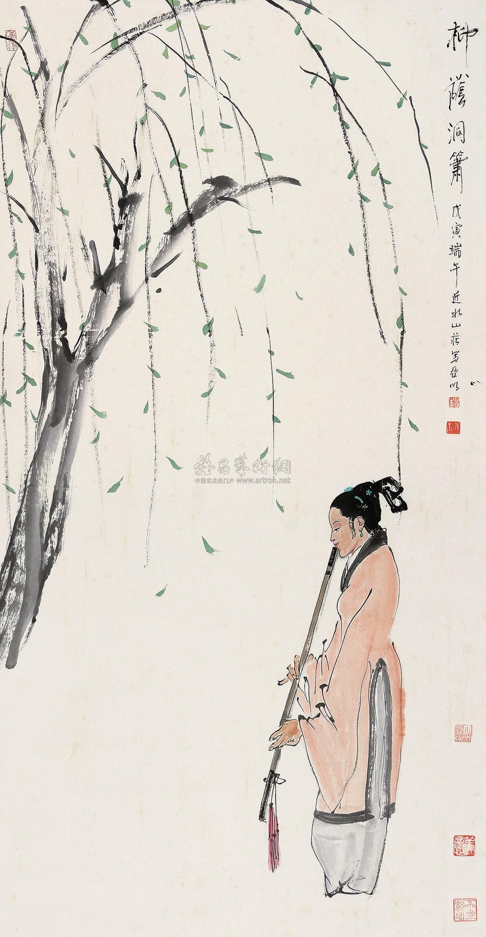 0670 1998年作 柳荫洞萧 立轴 设色纸本