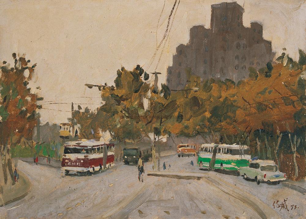 0450 1973年作 上海街景 布面油画