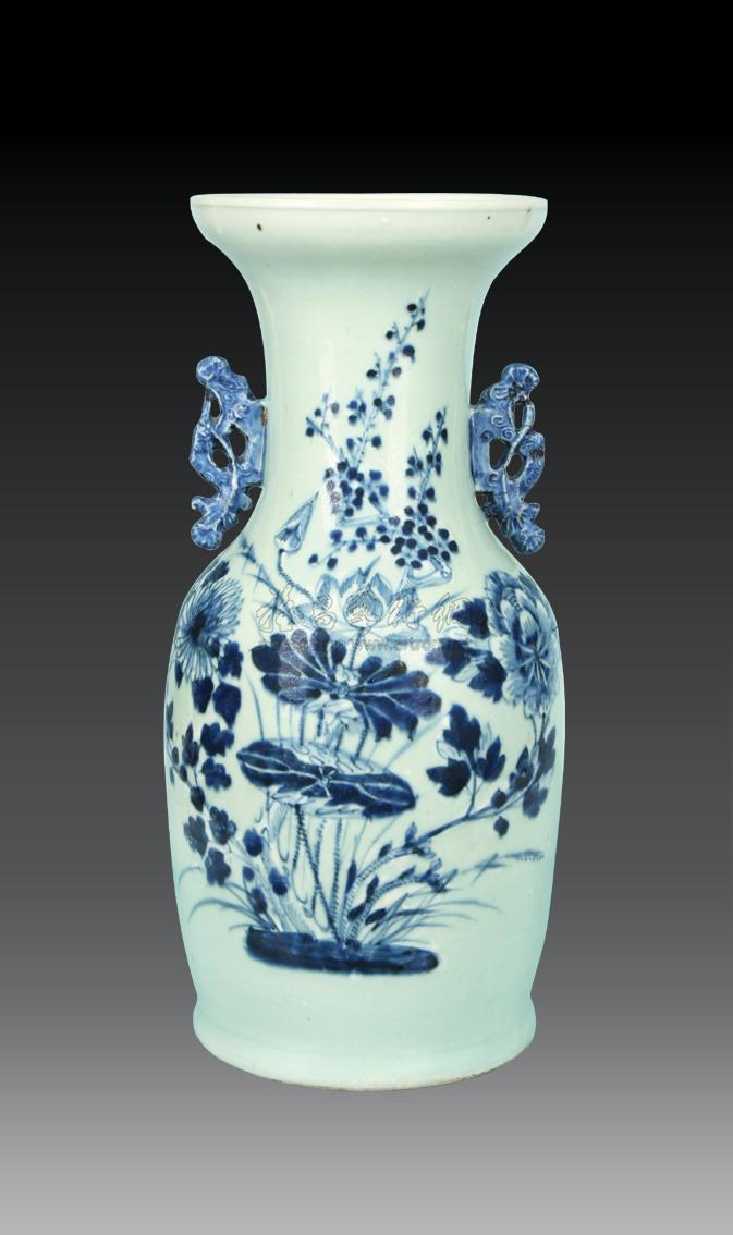 釉青花留白花卉双耳瓶】拍卖品_图片_价格_鉴赏_现当代及其它瓷器