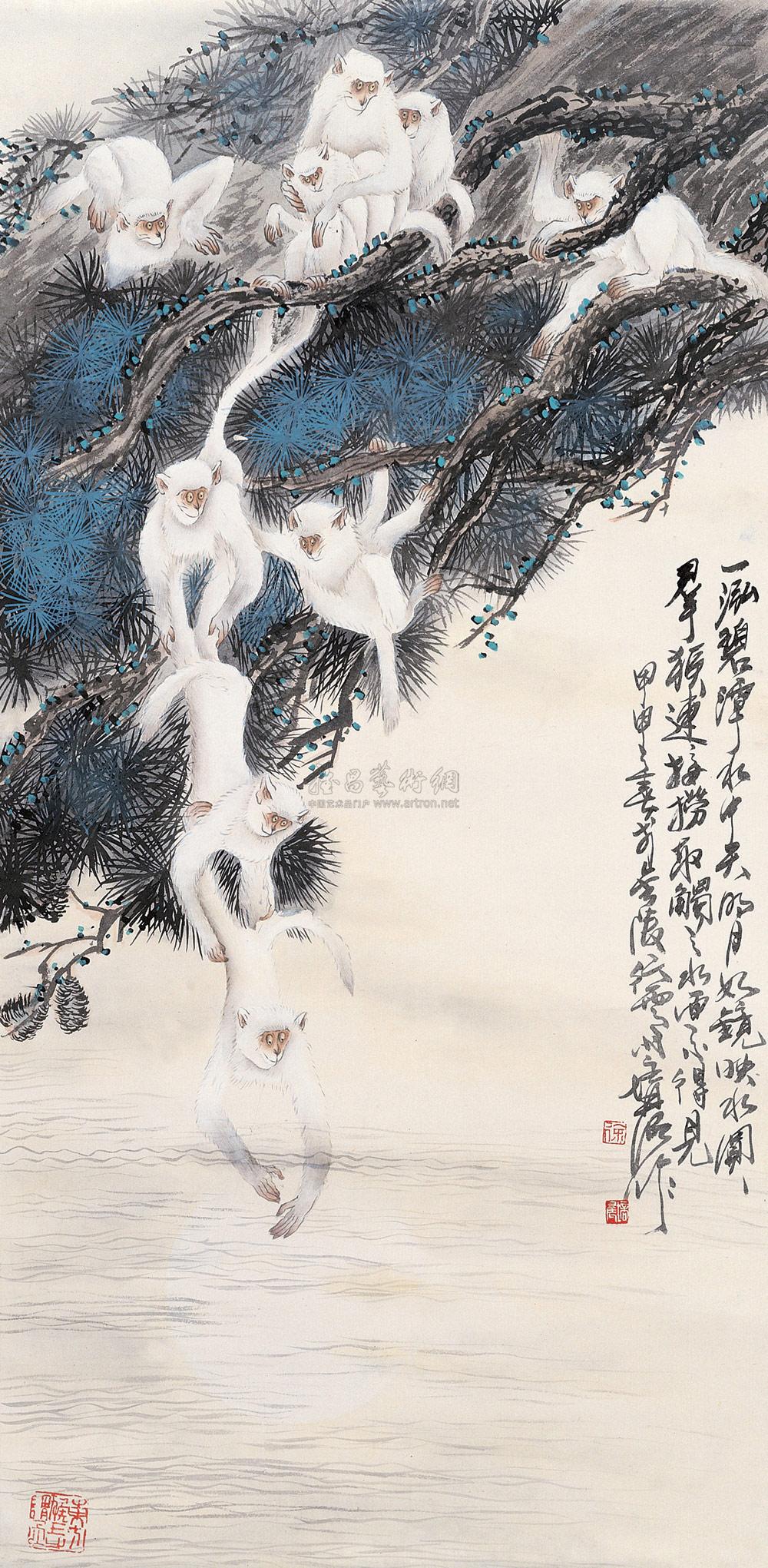 0021 群猴捞月 立轴 设色纸本