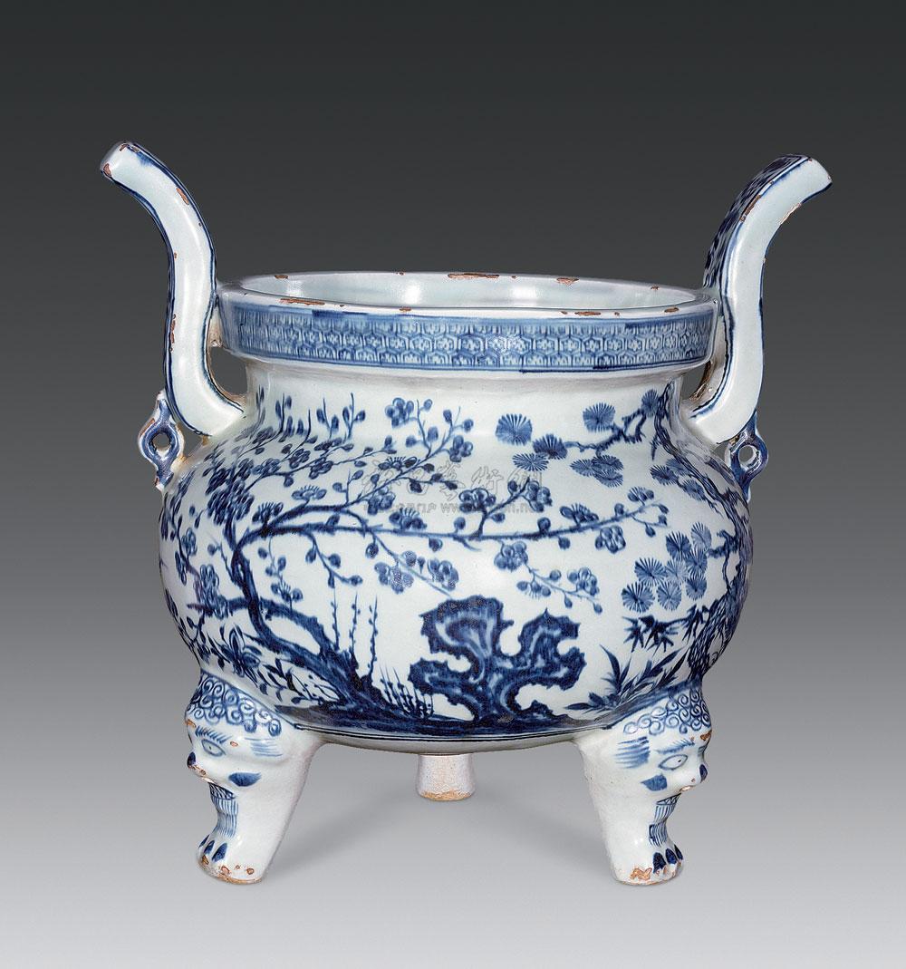 【明 青花松竹梅三足炉】拍卖品_图片_价格_鉴赏_明代青花瓷器_雅昌
