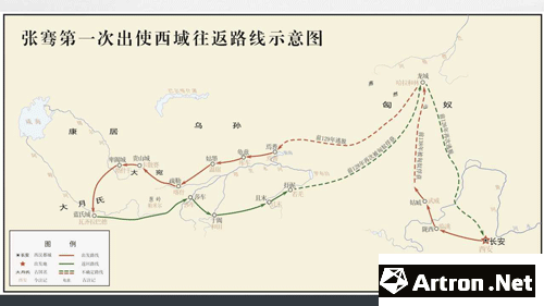 张骞第一次出使西域往返路线示意图