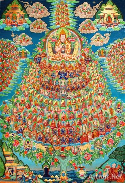 《上师供养图》  尕藏 100x76cm 近现代 布面矿物颜料