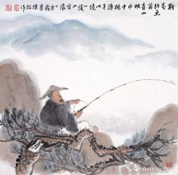 《钓鱼翁》  木鬼 68x68cm  纸本